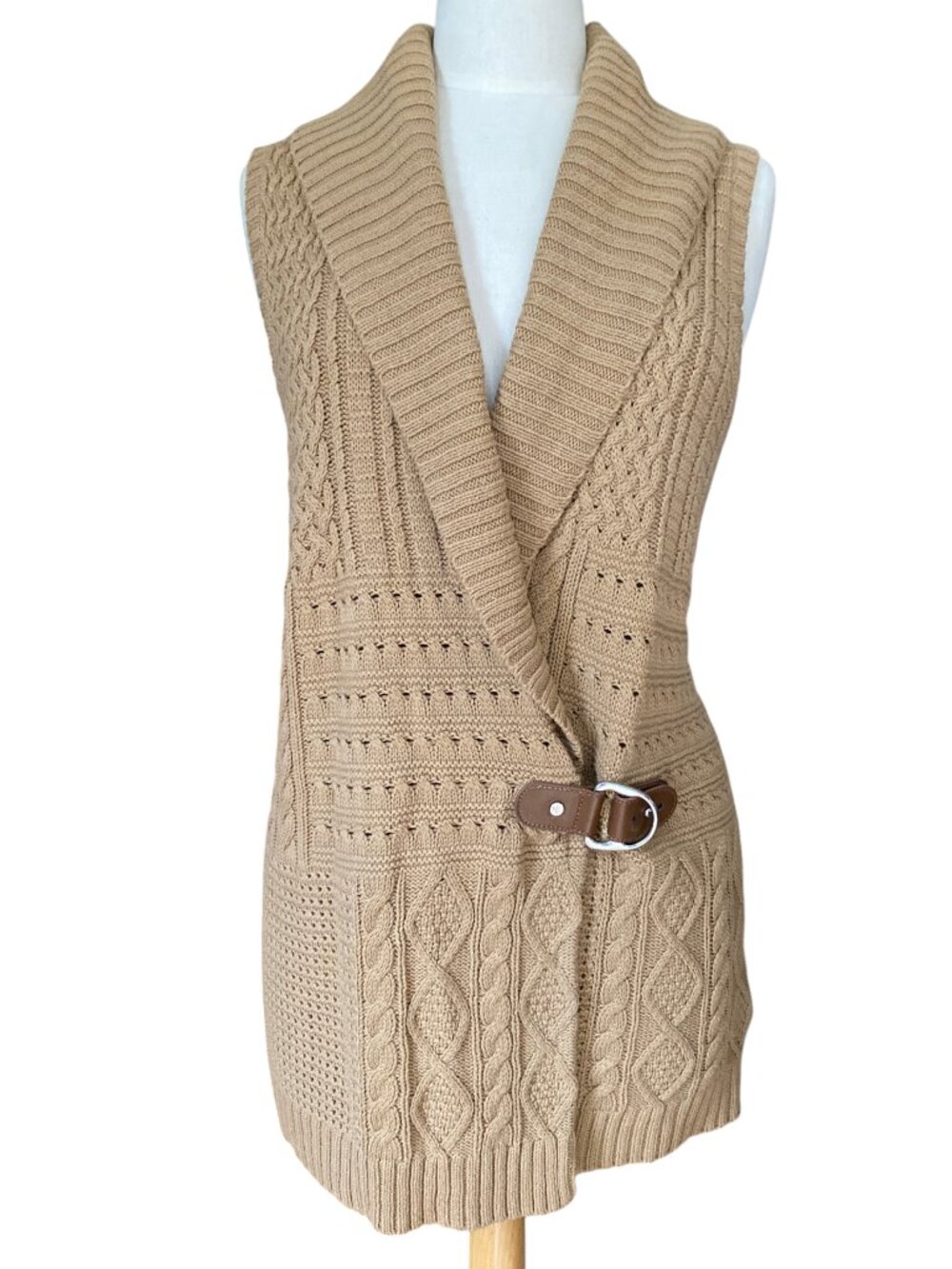 Lauren Ralph Lauren Chunky Cable Knit Equestrian Buckle Camel Tan Old Money-1X